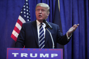 BIRCH RUN, MI - AUGUST 11:  Republican presidential candidate Donald Trump speaks at a press conference before delivering the keynote address at the Genesee and Saginaw Republican Party Lincoln Day Event August 11, 2015 in Birch Run, Michigan. This is Trump's first campaign event since his Republican debate last week. (Photo by Bill Pugliano/Getty Images)