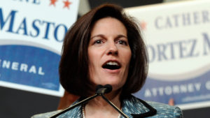 LAS VEGAS - NOVEMBER 02:  Nevada's Democratic Attorney General Catherine Cortez Masto delivers her acceptance speech after she won re-election at the Nevada State Democratic Party's election results party at the Aria Resort & Casino at CityCenter November 2, 2010 in Las Vegas, Nevada. In one of the nation's most closely watched races, U.S. Senate Majority Leader Harry Reid (D-NV) retained his seat for a fifth term against Sharron Angle, a Tea Party favorite.  (Photo by Ethan Miller/Getty Images) *** Local Caption *** Catherine Cortez Masto